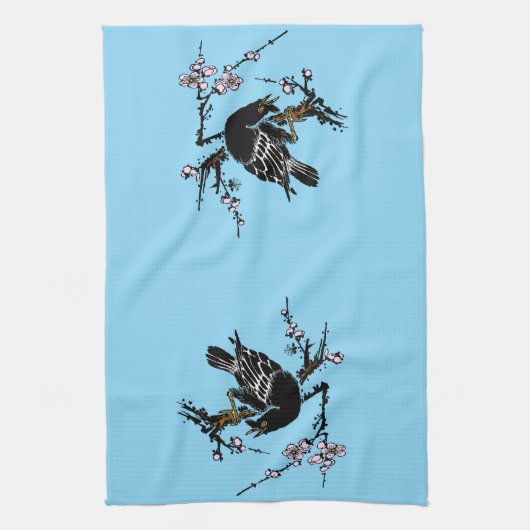 ヴィンテージ日本ののカラスとさくらんぼ キッチンタオル (縦)