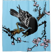 ヴィンテージ日本ののカラスとさくらんぼ シャワーカーテン (正面)