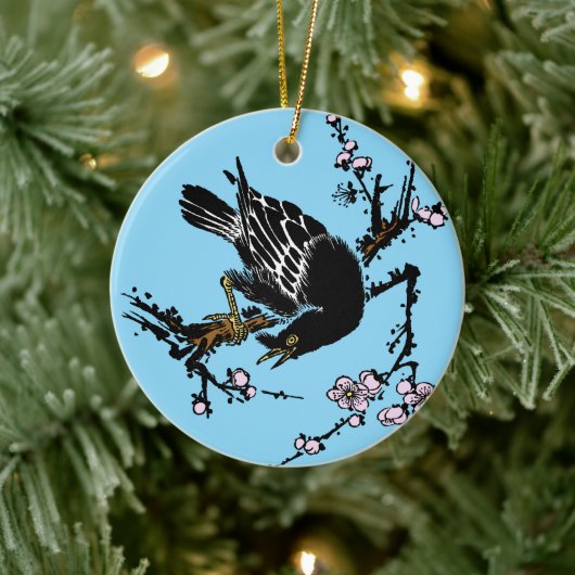 ヴィンテージ日本ののカラスとさくらんぼ セラミックオーナメント (ツリー)
