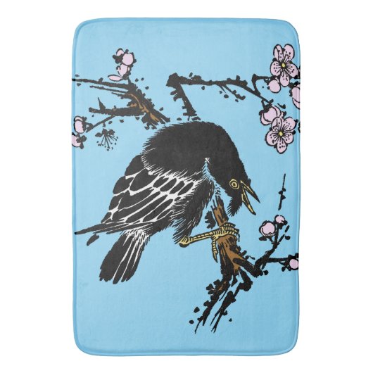 ヴィンテージ日本ののカラスとさくらんぼ バスマット (正面縦)