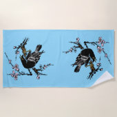 ヴィンテージ日本ののカラスとさくらんぼ ビーチタオル (正面)