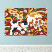 ヴィンテージ日本のの子犬と花 キャンバスプリント (インサイチュ (ウッドフロア))