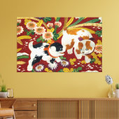 ヴィンテージ日本のの子犬と花 キャンバスプリント (インサイチュ (リビング))