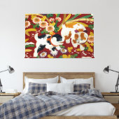 ヴィンテージ日本のの子犬と花 キャンバスプリント (インサイチュ (寝室))