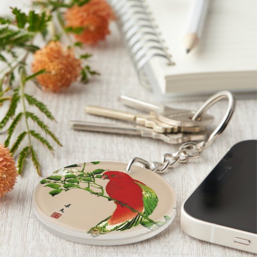 ヴィンテージ日本のの絵画オウム、赤、緑 キーホルダー (正面右)