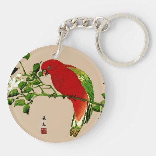 ヴィンテージ日本のの絵画オウム、赤、緑 キーホルダー (裏面)