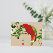 ヴィンテージ日本のの絵画オウム、赤、緑 ポストカード (スタンド正面)