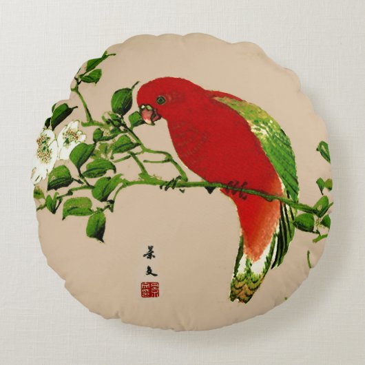 ヴィンテージ日本のの絵画オウム、赤、緑 ラウンドクッション (正面)