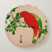 ヴィンテージ日本のの絵画オウム、赤、緑 ラウンドクッション (裏面)