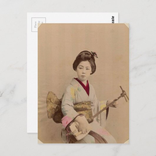 ヴィンテージ日本のの遊芸者の三味線 ポストカード (正面/裏面)