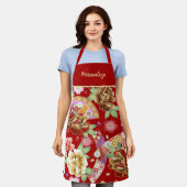 ヴィンテージ日本のアジア赤フローラアートパターン エプロン (着用した状態)