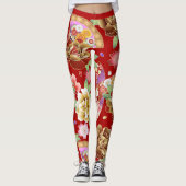 ヴィンテージ日本のアジア赤フローラアートパターン レギンス (正面)