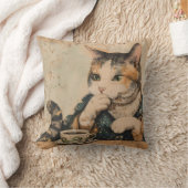 ヴィンテージ日本のアートかわいい猫と一杯のお茶 クッション (ブランケット)