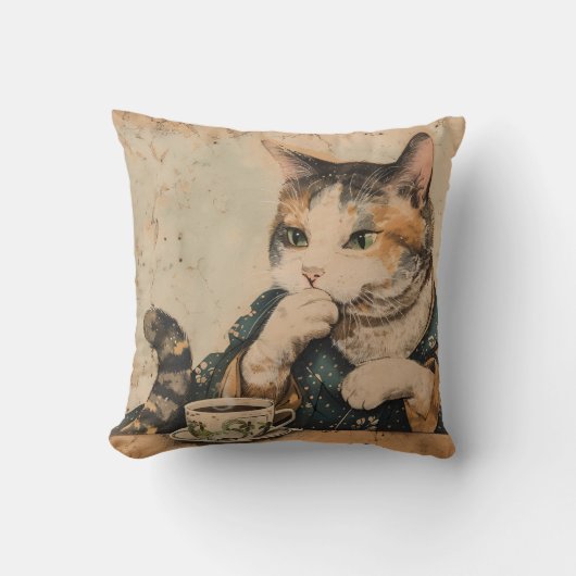 ヴィンテージ日本のアートかわいい猫と一杯のお茶 クッション (正面)