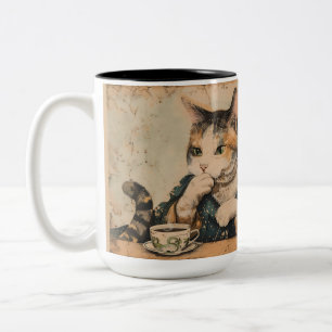 ヴィンテージ日本のアートかわいい猫と一杯のお茶 ツートーンマグカップ