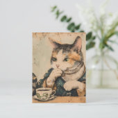 ヴィンテージ日本のアートかわいい猫と一杯のお茶 ポストカード (スタンド正面)