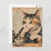 ヴィンテージ日本のアートかわいい猫と一杯のお茶 ポストカード (正面/裏面)