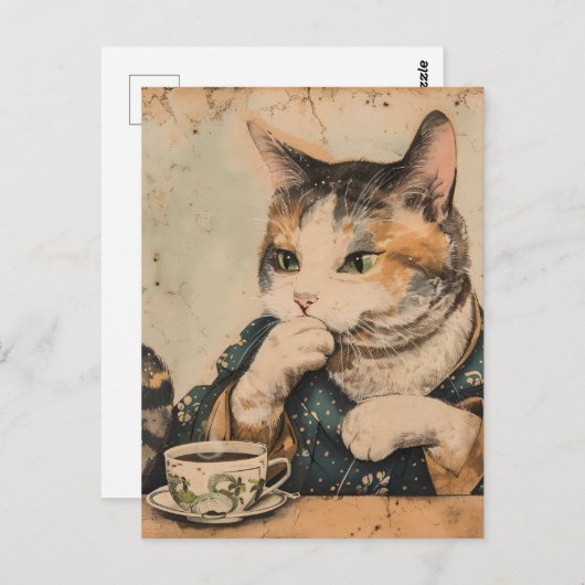 ヴィンテージ日本のアートかわいい猫と一杯のお茶 ポストカード (正面/裏面)