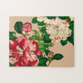 ヴィンテージ日本のカメリア。深いピンクオンベージュジグ ジグソーパズル (横)