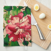 ヴィンテージ日本のカメリア。深いピンクオンベージュ キッチンタオル (四つ折り)