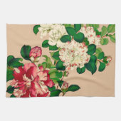 ヴィンテージ日本のカメリア。深いピンクオンベージュ キッチンタオル (横)