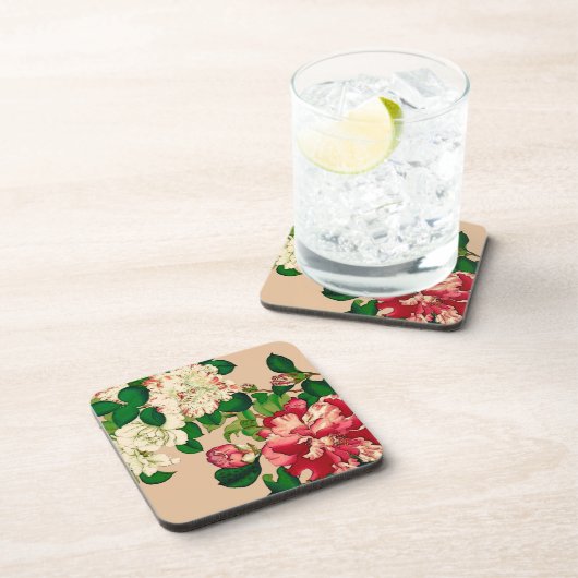 ヴィンテージ日本のカメリア。深いピンクオンベージュ コースター (右側)