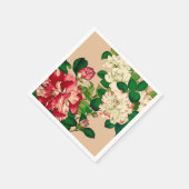 ヴィンテージ日本のカメリア。深いピンクオンベージュ スタンダードカクテルナプキン (角)