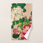 ヴィンテージ日本のカメリア。深いピンクオンベージュ バスタオルセット (ハンドタオル)