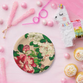 ヴィンテージ日本のカメリア。深いピンクオンベージュ ペーパープレート (パーティー)