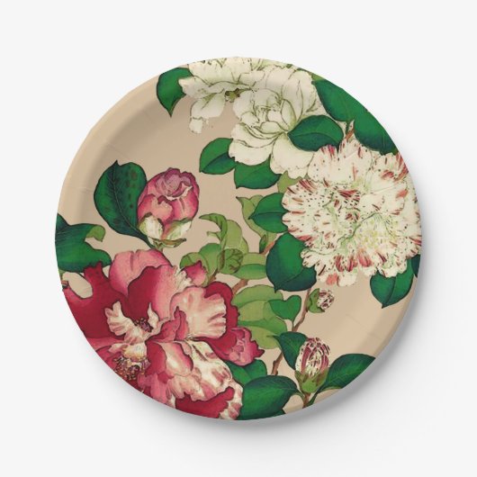 ヴィンテージ日本のカメリア。深いピンクオンベージュ ペーパープレート (正面)