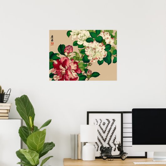 ヴィンテージ日本のカメリア。深いピンクオンベージュ ポスター (ホームオフィス)