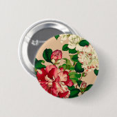 ヴィンテージ日本のカメリア。深いピンクオンベージュ 缶バッジ (正面&裏面)