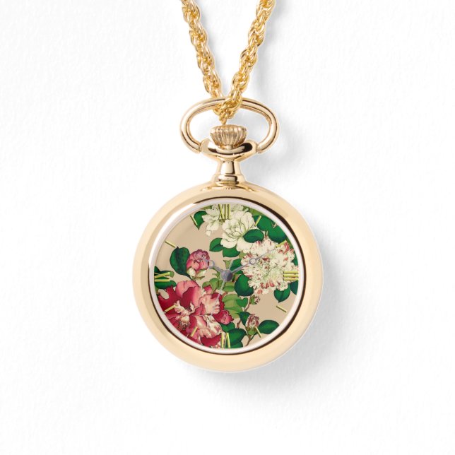 ヴィンテージ日本のカメリア。深いピンクオンベージュ 腕時計 (正面)