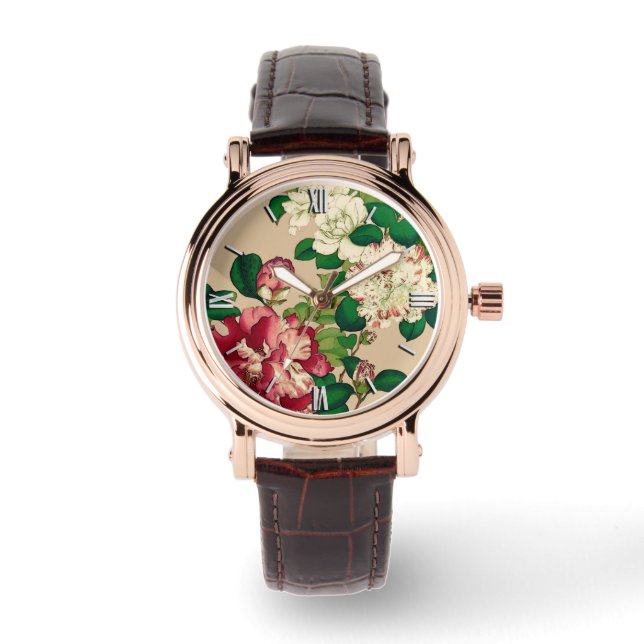 ヴィンテージ日本のカメリア。深いピンクオンベージュ 腕時計 (正面)