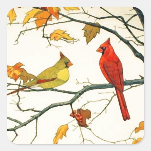 ヴィンテージ日本のスケッチ、ブランチ上の深紅色 スクエアシール (正面)