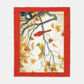 ヴィンテージ日本のスケッチ、ブランチ上の深紅色 フリースブランケット (正面)