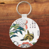 ヴィンテージ日本のスケッチ、牡丹とスズメ キーホルダー (正面)