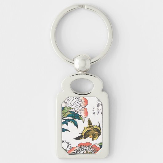 ヴィンテージ日本のスケッチ、牡丹とスズメ キーホルダー (正面)