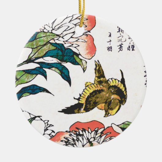 ヴィンテージ日本のスケッチ、牡丹とスズメ セラミックオーナメント (正面)