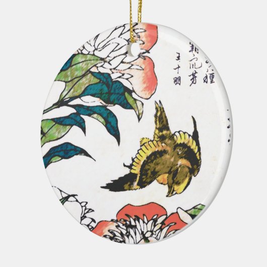 ヴィンテージ日本のスケッチ、牡丹とスズメ セラミックオーナメント (左)