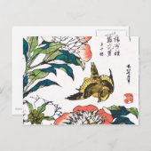 ヴィンテージ日本のスケッチ、牡丹とスズメ ポストカード (正面/裏面)