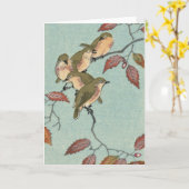 ヴィンテージ日本のファインアート – グリーンバード カード (黄色い花)
