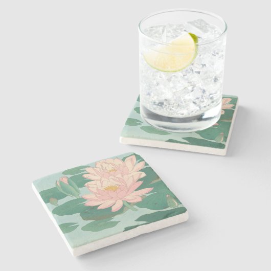 ヴィンテージ日本のファインアート：開花睡蓮 ストーンコースター (横)