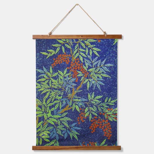 ヴィンテージ日本のファブリック – ベリーと葉 吊り下げ型タペストリー (正面)