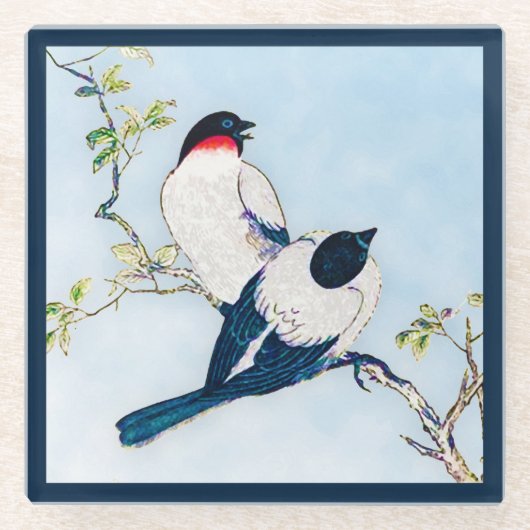 ヴィンテージ日本のフィンチのインクスケッチ ガラスコースター (正面)