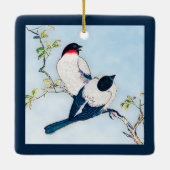 ヴィンテージ日本のフィンチのインクスケッチ セラミックオーナメント (裏面)