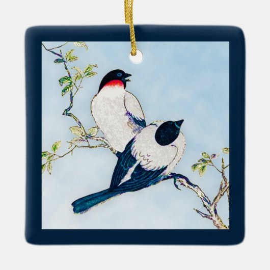 ヴィンテージ日本のフィンチのインクスケッチ セラミックオーナメント (正面)