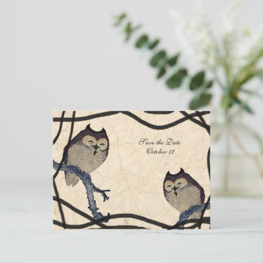 ヴィンテージ日本のフクロウ日付の保存 案内ポストカード (スタンド正面)