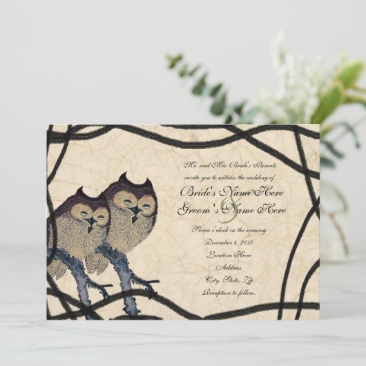 ヴィンテージ日本のフクロウ結婚式招待状 招待状 (スタンド正面)