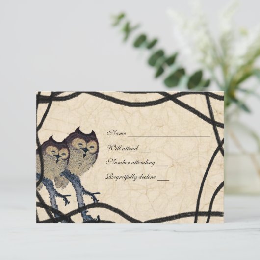 ヴィンテージ日本のフクロウrsvpと封筒 出欠カード (スタンド正面)